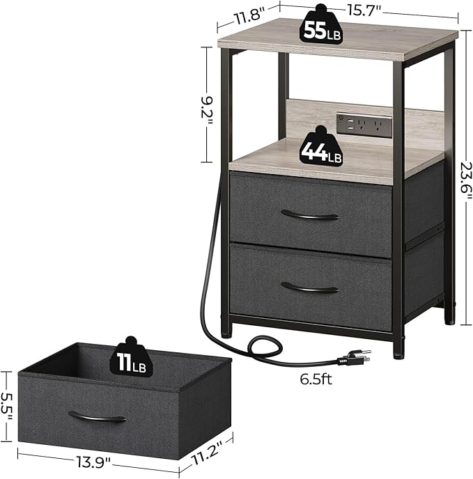 Seventable Nightstand with Charging Station, Bedside Table with LED Lights, Night Stand with 2 Fabric Drawers, 3-Tier Storage End Table for Bedroom, Greige