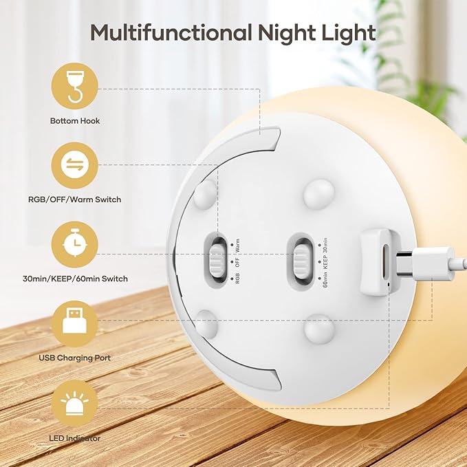 Night Light for Kids, USB Rechargeable Beside Lamp with Dimmable,Warm Light,7 Colors Changing,Touch Control, 0.5/1Hour Timer for Nursery, Baby,Bedroom,Camping