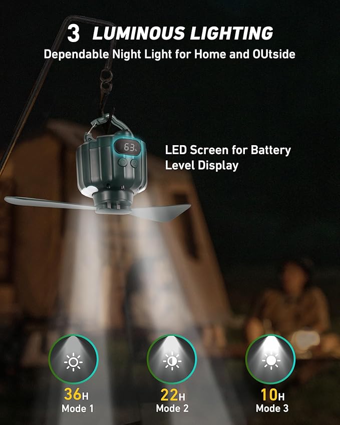 DUKUSEEK Tent Ceiling Fans for Camping, 10400mAH Large Capacity Portable Hanging Tent Fans with Light and Remote Control, USB Battery Operated Camping Fan for Canopy Tent Beach army green