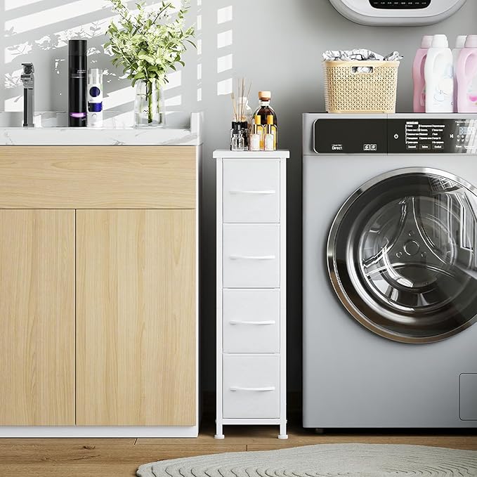 Somdot Narrow Dresser with 4 Drawers, Slim Storage Organizer Chest of Drawers with Removable Fabric Drawers for Small Spaces Bathroom Closet Bedroom Laundry, White Leather