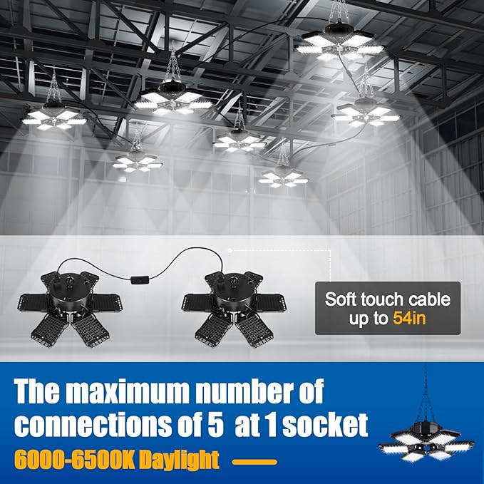 LED Garage Lights 2 Pack - 180W, 18000LM 6500K Led Shop Light with 6+1 Deformable Panels, Basement, Barn, Warehouse, Shop Ceiling Lights, E26/E27 for Multiple Uses