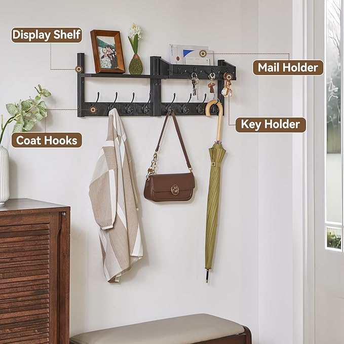 YMYNY 31.5" Coat Rack Wall Mount with Shelf, 4 in 1 Key and Coat Hanger with 12 Metal Hooks, Wall Shelf with Hooks & Mail Holder for Living Room, Bedroom, Black, HWS007B-2