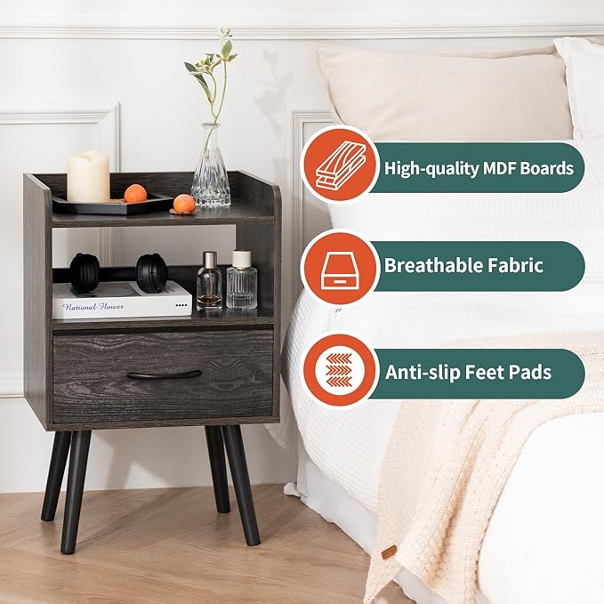 Yoobure Night Stand with Fabric Drawer, Modern Nightstand, Bedside Tables, Mid Century Nightstands with Open Storage Shelf, Wood Bedside Table, Small Night Stands for Bedrooms, 2-Tier Night Table