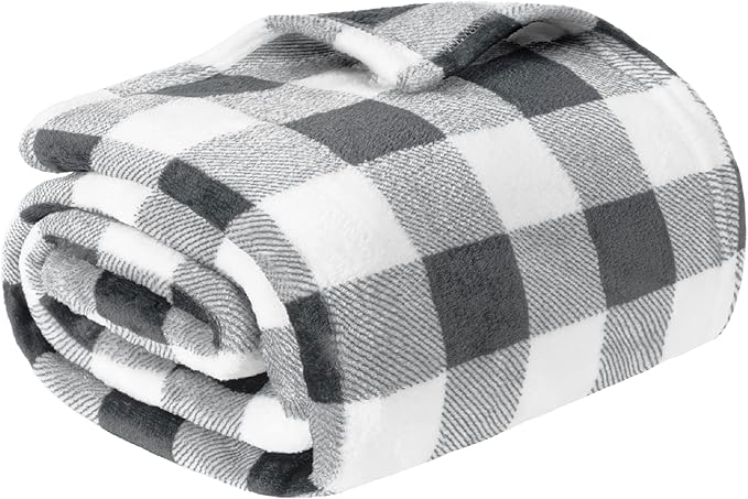 PAVILIA Light Grey Buffalo Plaid Throw Blanket for Couch, Soft Checkered Flannel Fleece Blanket for Sofa, Grey White Plaid Decorative Couch Throw, Warm Cozy All Season Fall Blanket Decor Gift, 60x80