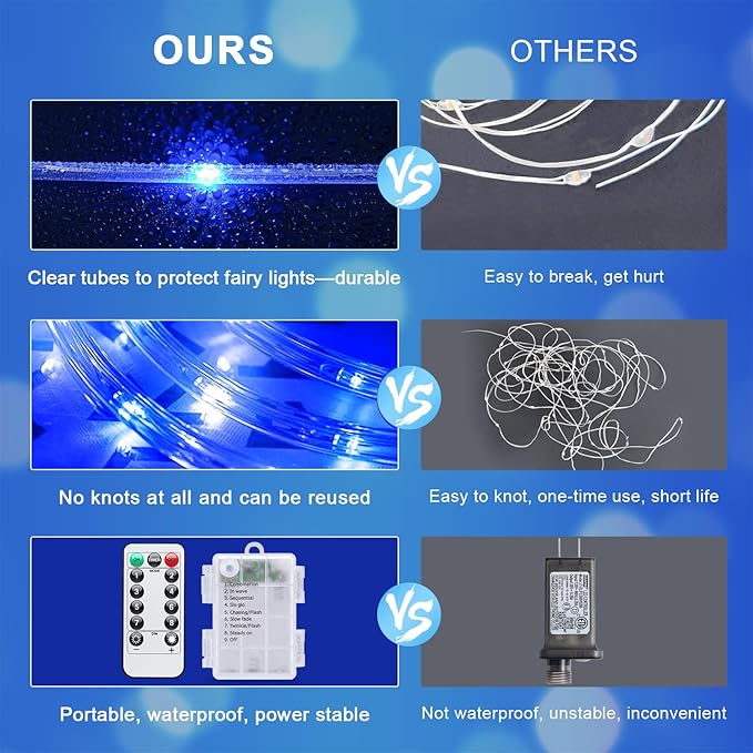 JMEXSUSS 2 Pack Rope Lights Battery Operated Christmas Lights Outdoor, Total 200LED 66ft 8 Modes Battery Powered String Lights with Remote, Blue and White String Light for Christmas Decor