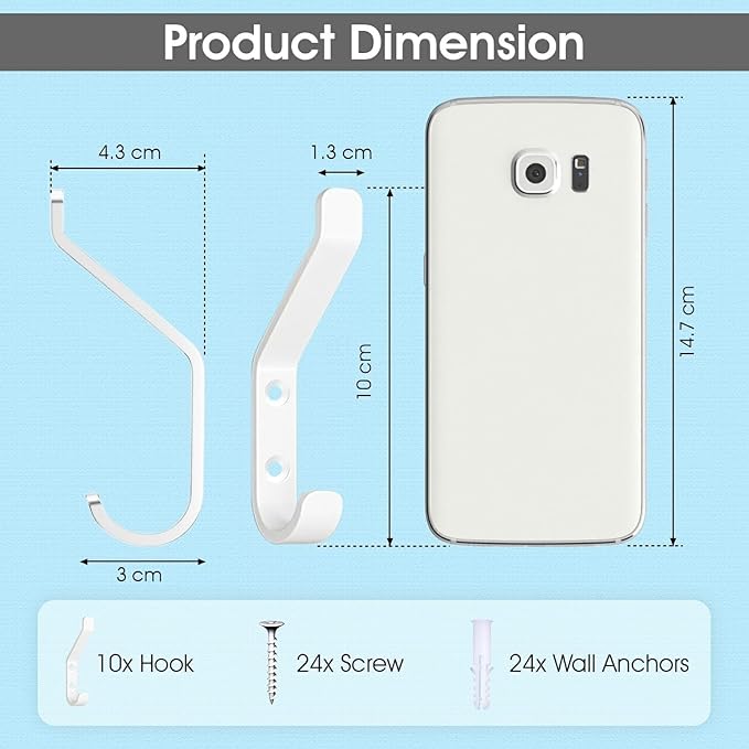 GlazieVault Coat Hooks for Wall – Door Hooks (10 Pack) - Heavy Duty Wall Mounted - Premium Design Rust Free Hooks