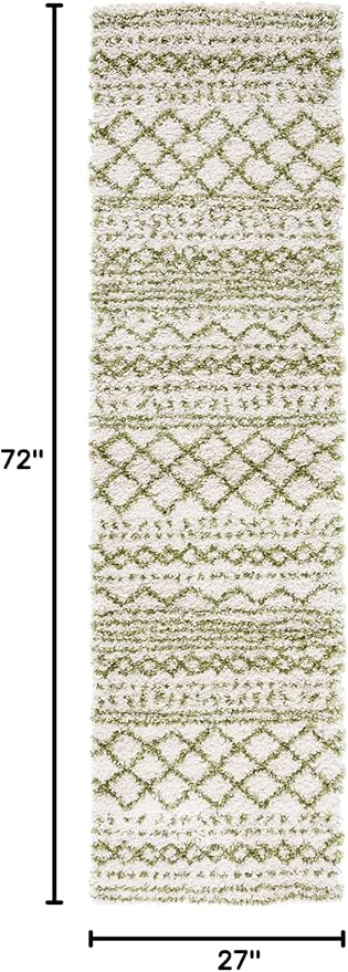 SAFAVIEH Arizona Shag Collection Runner Rug - 2'3" x 6', Ivory & Green, Moroccan Design, Non-Shedding & Easy Care, 1.6-inch Thick, Ideal for The Living Room, Bedroom, Dining Room (ASG741Y-26)