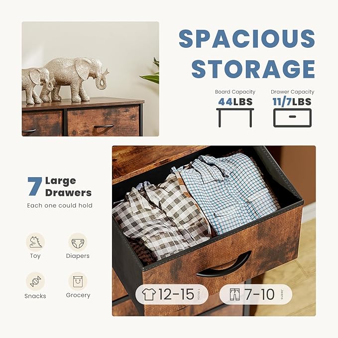 DUMOS Dresser for Bedroom with 7 Fabric Drawers, Chest Organizer Units for Clothing, Closet, Guestroom, Storage Tower with Cabinet, Metal Frame, Wooden Top, Lightweight Nursery Furniture, Brown
