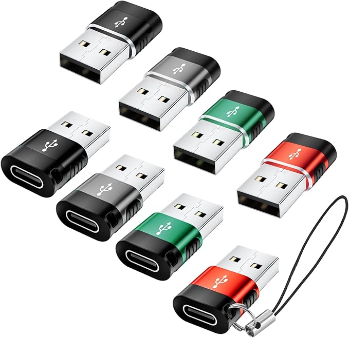 USB to USB C Adapte Multi Color 8-Pack,USBC Female USBA Male Adapter,USB-A Charger Type-C Cable Converter for iPhone 17 16 15 14 Plus Pro Max,iPad Pro Air 4 Mini 6,Samsung S25 S24 S23
