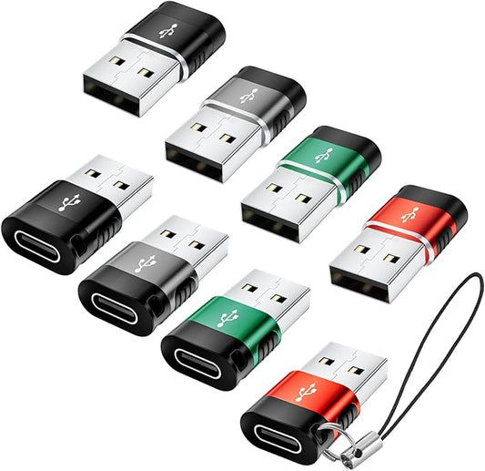 USB to USB C Adapte Multi Color 8-Pack,USBC Female USBA Male Adapter,USB-A Charger Type-C Cable Converter for iPhone 17 16 15 14 Plus Pro Max,iPad Pro Air 4 Mini 6,Samsung S25 S24 S23