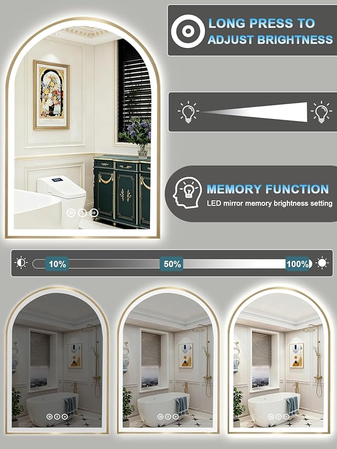 20x30 Inch Arch LED Bathroom Mirror, Gold Lighted Bathroom Mirrors Wall Mounted, Vanity Mirror with Anti-Fog, Memory Function, 3 Color Temperature, Dimmable Led Mirror for Bathroom