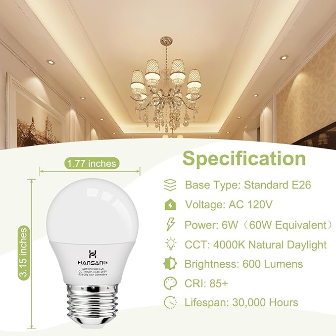 hansang E26 Ceiling Fan Light Bulbs, 4000K Natural Daylight, 60 Watts Equivalent, A15 LED Small Light Bulb, E26 Standard Base Refrigerator Light Bulb, 600lm, 120V, CRI85+, 120V, Non-Dimmable 6 Pack