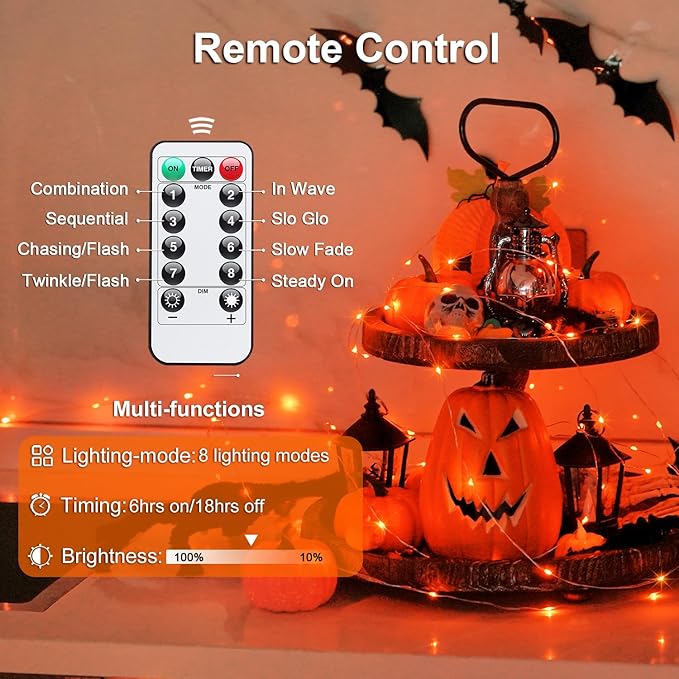 JMEXSUSS 2 Pack Halloween Fairy Lights Battery Operated, Total 400 LED 132ft Orange Twinkle Fairy Light with Remote, 8 Modes Orange String Lights for Halloween Tree Bedroom Wreath Decoration