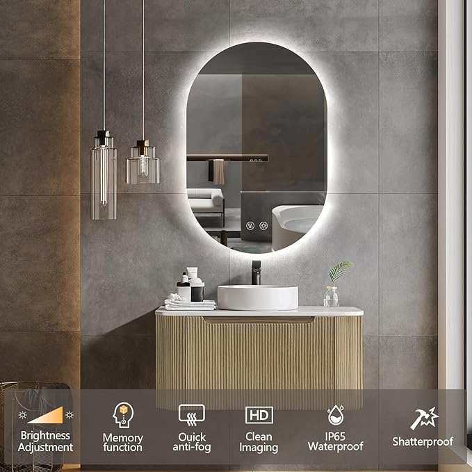 36" x 24" Oval LED Mirror for Bathroom, Backlit Vanity Mirror with Lights, Frameless Smart Wall Mirror, 3 Colors Stepless Dimmable, Anti-Fog, Shatterproof, Memory, CRI95+(Horizontal/Vertical)