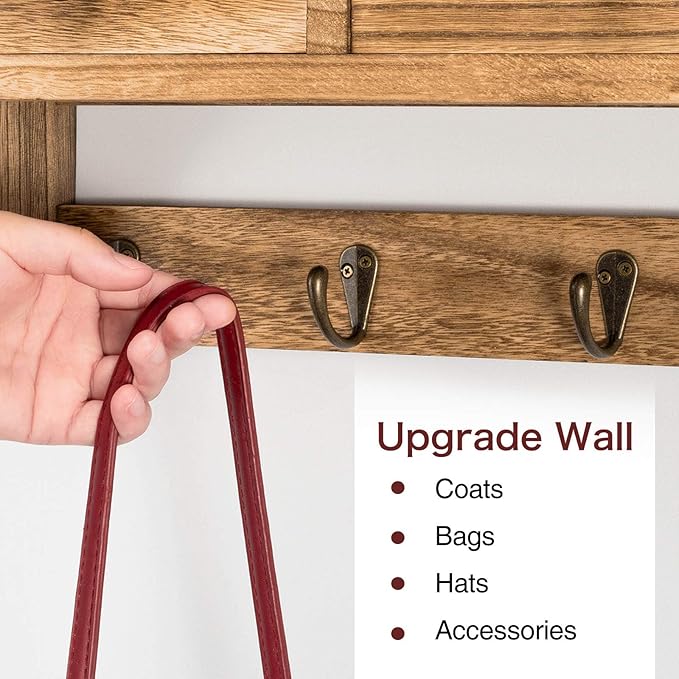 Emfogo Coat Hooks Mounted, Rustic Wood Coat Rack Mount Shelf with Hooks, Farmhouse Coat Rack with Shelf & Coat Hook for Entryway, Mudroom, Bedroom, Kitchen, Bathroom (Brown)