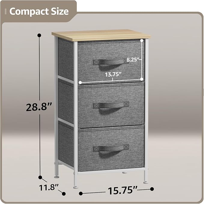 Sorbus Nightstand with 3 Drawers - Bedside Furniture & Night Stand End Table Dresser with Steel Frame, Wood Top, Easy Pull Fabric Bins for Home, Bedroom Accessories, Office & Dorm