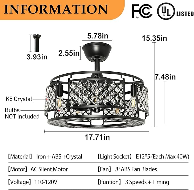 DLLT Caged Ceiling Fans with Lights: 18" Bladeless Industiral Fandelier with Light for Bedroon Living Dining Room - Black Crystal Ceiling Fan with Remote - Modern Chandelier with Fan Kitchern
