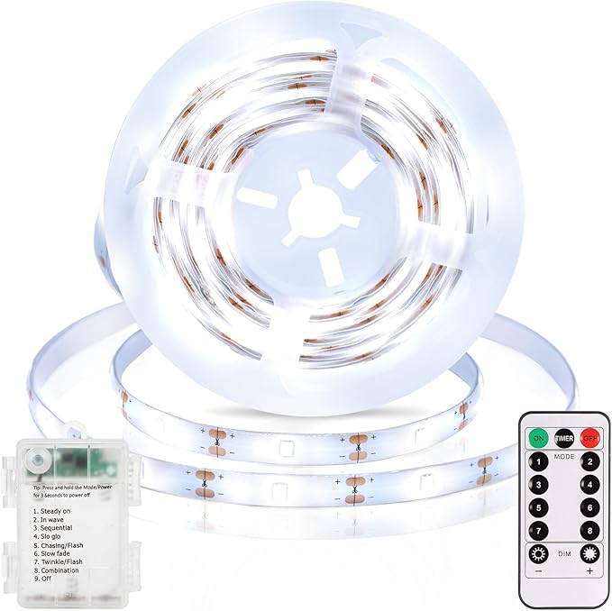 echosari 3.3FT 6000K Strip Lights Battery Operated, Tape Light with Remote 8 Modes Timer Self-Adhesive Cuttable, Strip Lights for Bedroom Cabinets Shelves TV Indoor Decor (Cool White)