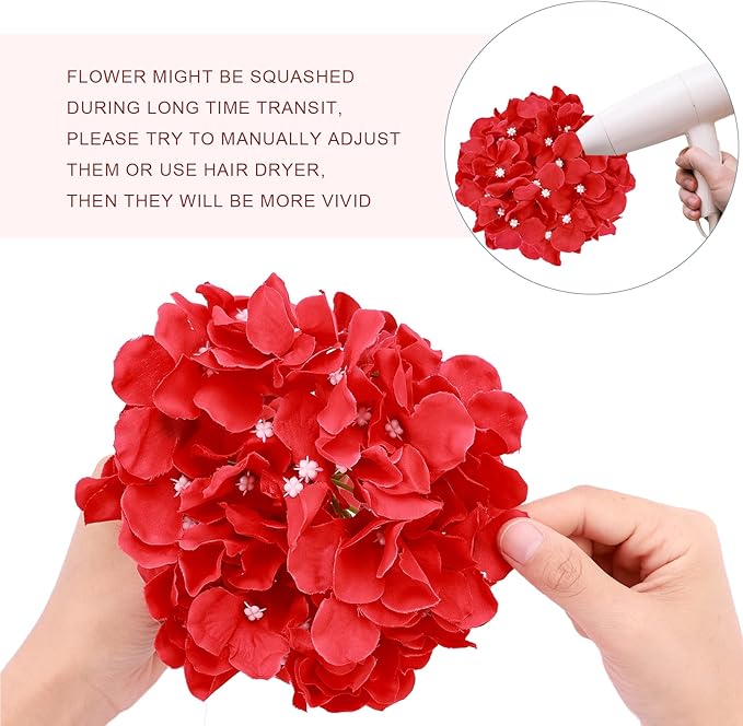 Auihiay 64pcs Hydrangea Artificial Flowers, Red Fake Hydrangea Flowers with Stems, Artificial Hydrangea Flowers for Wedding Centerpieces, Home Garden Party Decoration (Red)