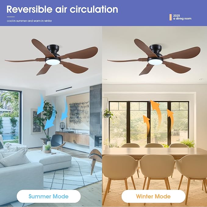 52 Inch Modern Ceiling Fans with Lights, Flush Mount Ceiling Fan with Light and Remote/APP Control, 5 Reversible 6 Speeds Curved Blades, 3 CCT Dimmable Lights for Kids Room, Brown