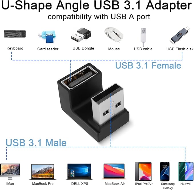 QIANRENON U-Shape Angle USB 3.1 Adapter Converter 10Gbps 180 Degree USB A Male to Female Coupler Connector, Support Data Transfer OTG 3A Charging, for PC Laptop Mobile Power, 2Pcs (Female Up)