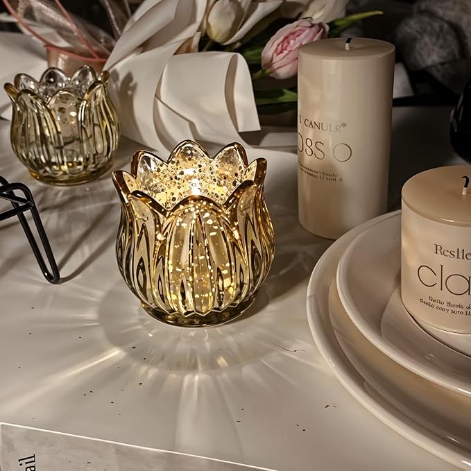 Tulip Votive Candle Holders Set of 12, Tea Light Candle Holder Glass for Table Centerpiece, Tealight Candle Holders for Wedding Déco, Birthday, Anniversary, Parties, and Holiday (Glod)