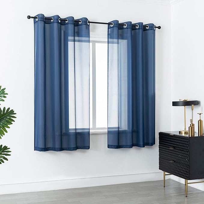 DUALIFE Navy Indigo Blue 54 Inches Sheer Curtains for Bathroom Small Windows with Grommet Semi Voile Drapes for Boys Room Kids Bedroom 52 x 54 Inch Length Set of 2 Panels Dark Blue