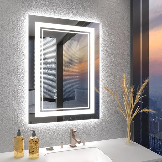 LED Mirror for Bathroom, 20x28 Inch Lighted Mirrors for Bathroom Wall with Unbreakable Tempered Glass, 3 Colors Stepless Dimmable, Super Bright 2 Front Lights + Backlit, Anti-Fog, Memory Function