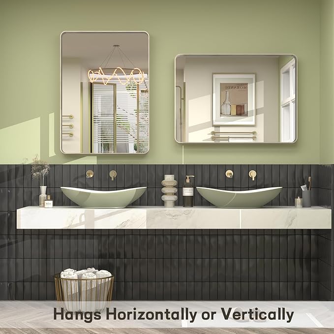 20x30 Inch Brushed Nickel Bathroom Mirror, Brushed Silver Metal Framed Wall Mirror, Rounded Corner Rectangle Modern Vanity Mirror, Tempered Glass, Anti-Rust, Shatterproof (Horizontal/Vertical)