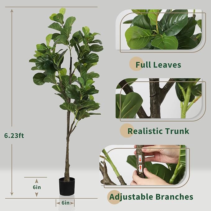 Faux Fiddle Leaf Fig Tree 6ft(74in) Artificial Floor Plant for Indoor Decor Realistic Potted Tree with Texture Silk Leaves and Natural Wood Trunk for Home Living Room,Office Perfect Housewarming Gift