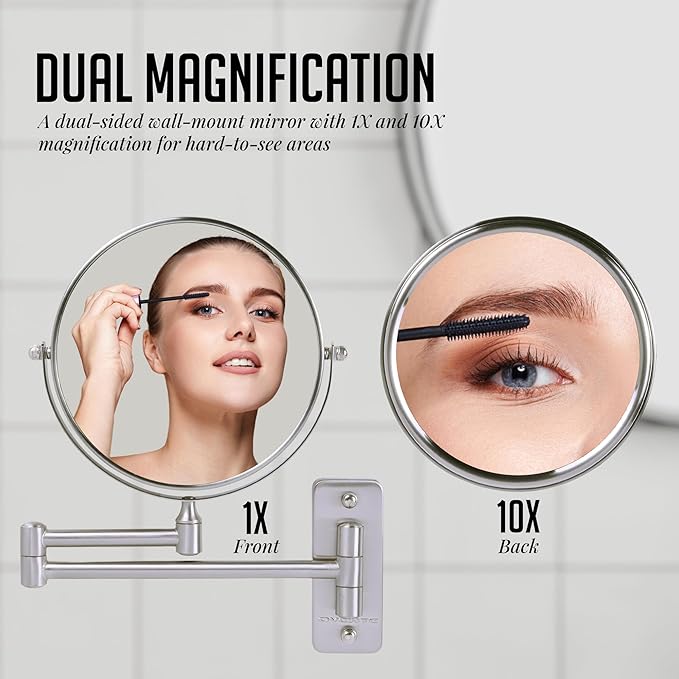 OVENTE 7" Wall Mounted Makeup Mirror with 1X/10X Magnification, Double Sided Magnifying Round Bathroom Vanity Mirror, 360° Swivel Design, Extendable and Folding Arm, Nickel Brushed MNLFW70BR1X10X