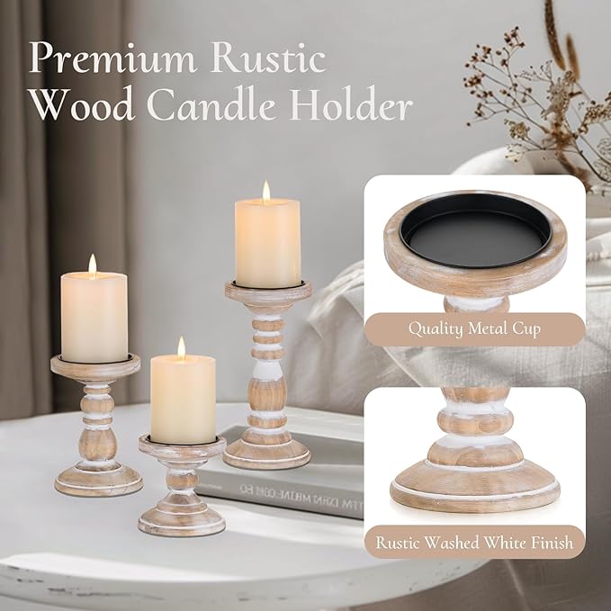 Wood Pillar Candle Holder: 3Pcs Rustic White Candle Holders for Pillar Candles Wood Candle Holders Distressed Wooden Farmhouse Candle Holder Large Rustic Candle Holder for Fireplace Table