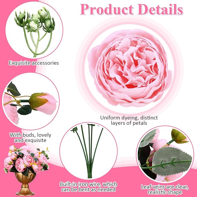 Hoteam 24 Bundles Artificial Peonies Flowers Wedding Faux Flowers Silk Peony Bouquet Bulk Bride Fake Florals Arrangements for Table Centerpieces Wedding Party Vase Decor (Light Pink)