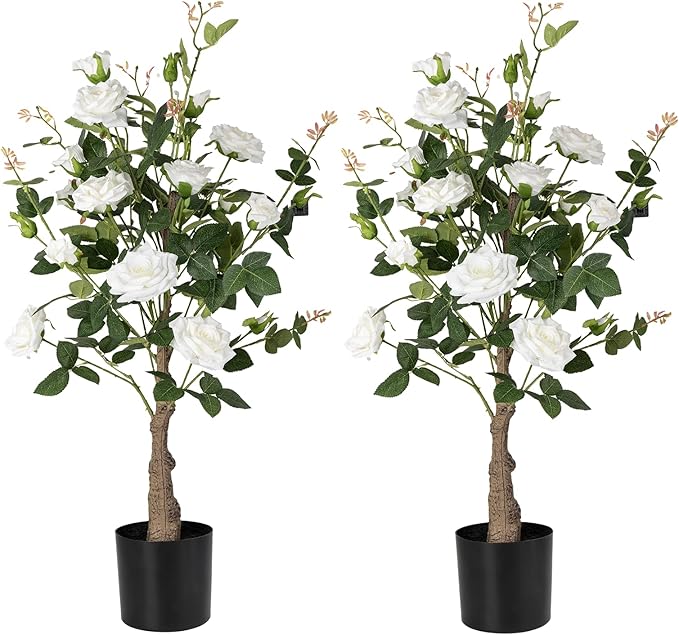 Artificial Rose Flower Trees 2 Pack- 38’’ Lifelike Plant in Pot with White Flowers Decorative Rose Trees for Home, Office, Wedding, and Event Decor, White