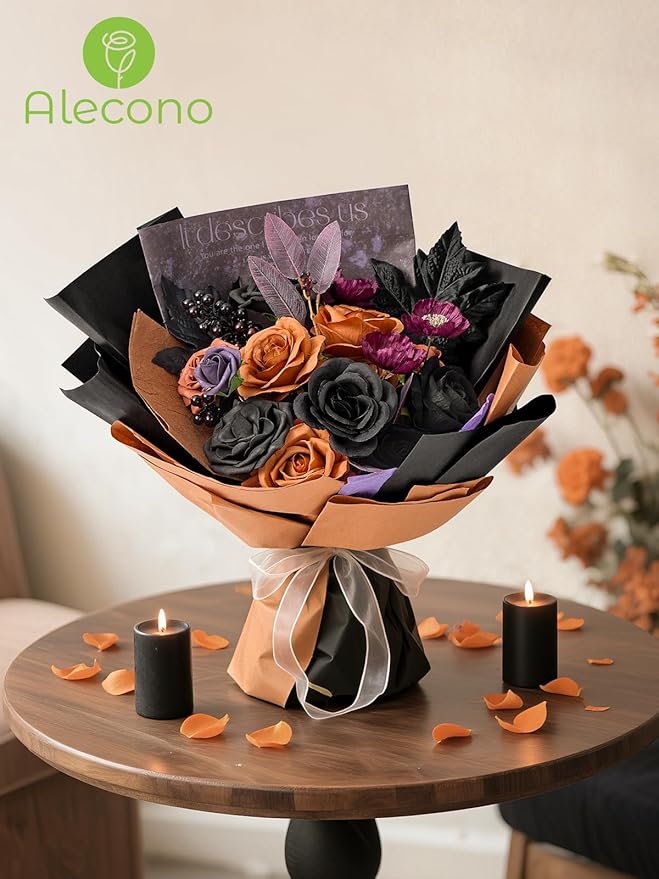 Alecono Artificial Flowers, Orange and Purple Silk Fake Flowers for DIY Wedding Bridal Bouquets, Cake Flowers for HalloweenTable Centerpieces Party Home Decorations