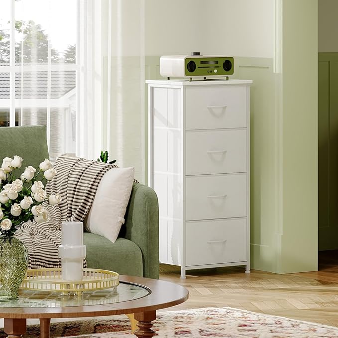 Somdot Dresser for Bedroom with 4 Drawers, Storage Organizer Chest of Drawers with Removable Fabric Bins for Closet Bedside Living Room Laundry Entryway Hallway, White Leather