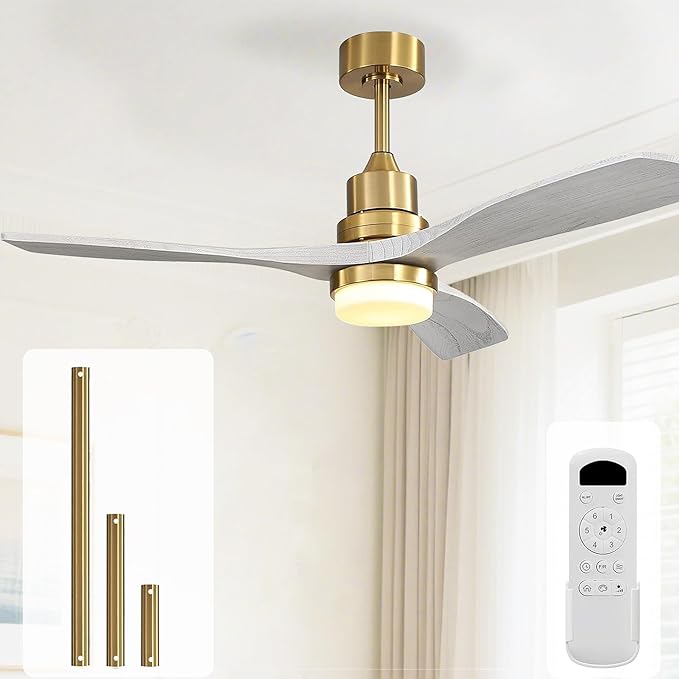 Sofucor Low Profile Ceiling Fan with Lights Remote Control 52 Inch Flush Mount Ceiling Fan Modern Wood Blade Fan for Bedroom Living Room Indoor Outdoor Farmhouse Patio, Grey Gold