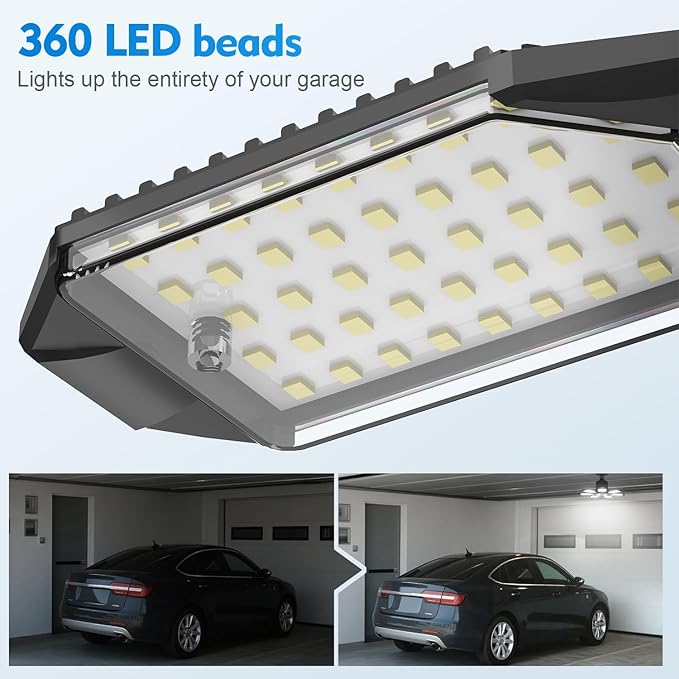 TANBABY 250W LED Garage Lights 2 Pack, Total 30000LM Deformable Best Ceiling Light with 7+1 Panels, E26/E27 Screw in Bulbs for Basement, Attic