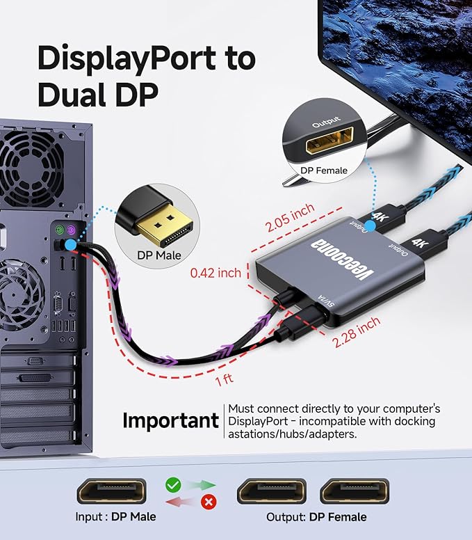 DisplayPort to Dual DisplayPort Splitter 1 in 2 Out | 4K60Hz, DP Source to DP Splitter Extended Display port splitter for Dual monitors, for Desktop,NVIDIA, AMD Graphics Card - MACOS Not Support MST