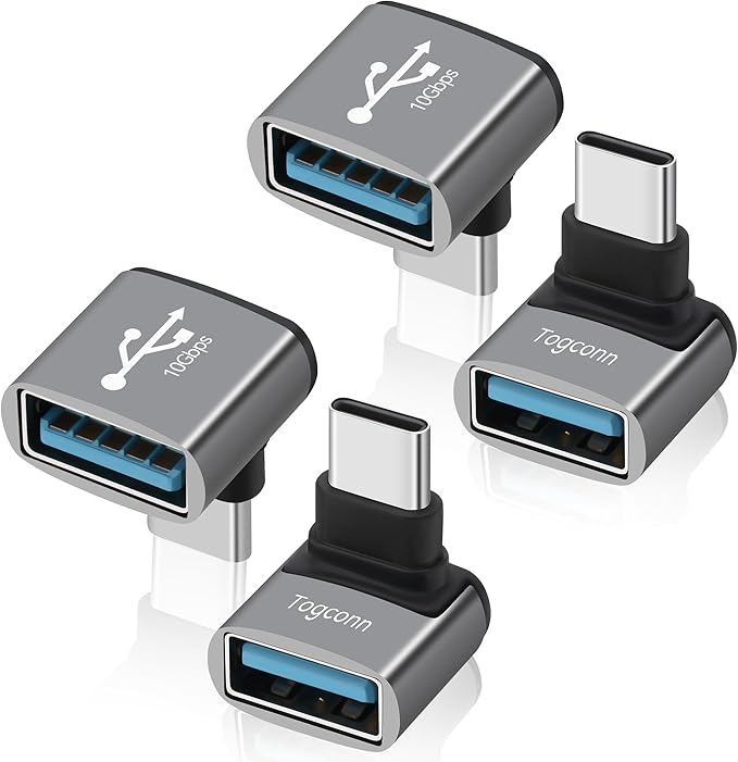 90 Degree USB C to USB Adapter 10Gbps, 4-Pack Right Angle Type-C (Male) to USB-A (Female) L-Shape Extender Converter Support Charge & Data Transfer for iPhone 16 15 Series, PC, Tablet, Laptop