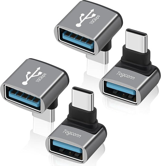 90 Degree USB C to USB Adapter 10Gbps, 4-Pack Right Angle Type-C (Male) to USB-A (Female) L-Shape Extender Converter Support Charge & Data Transfer for iPhone 16 15 Series, PC, Tablet, Laptop