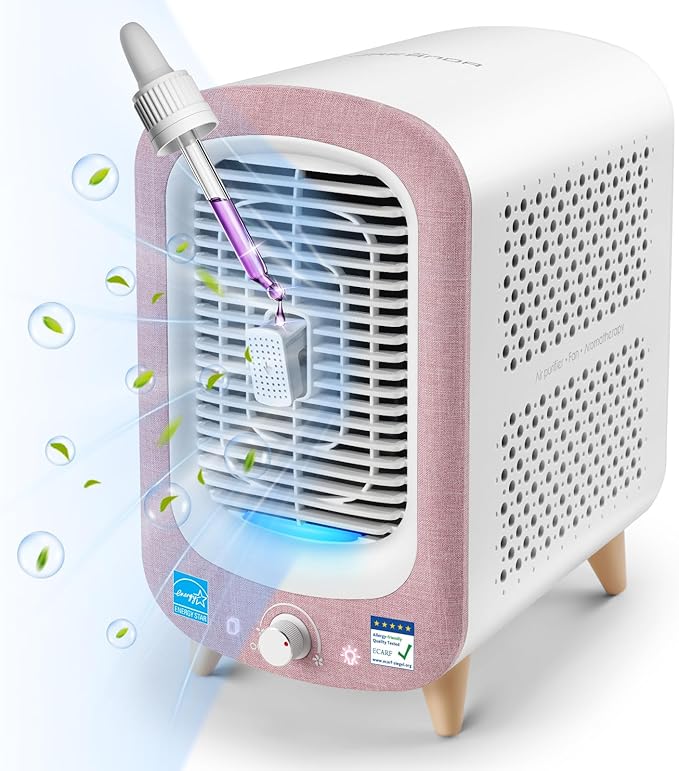 Jafanda Air Purifier for Home Bedroom 780sq ft, HEPA & Activated Carbon, Air Cleaner with Fragrance Sponge & Nightlight for Smoke, Allergies, Dust, Odor, VOC, Pet Dander, Pollen, Office, Desktop, Pink