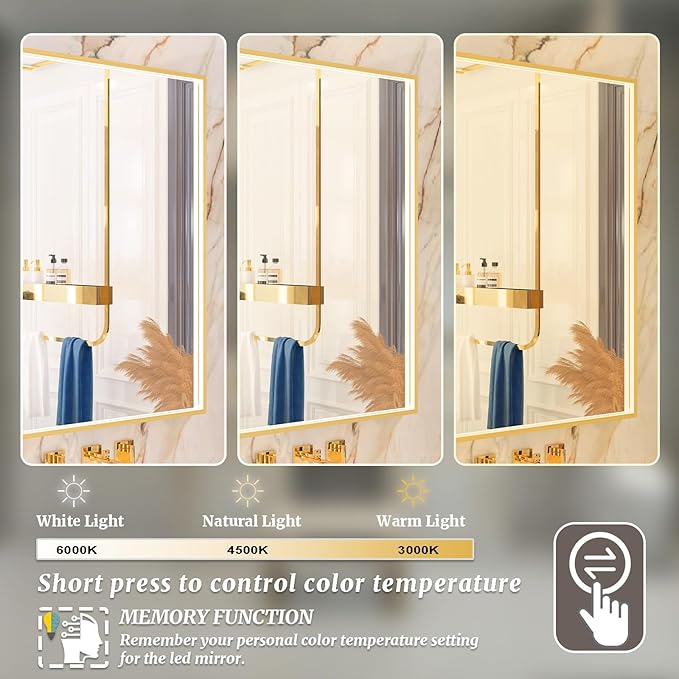 60x36 Inch LED Bathroom Mirror, Gold Metal Framed Lighted Mirror for Bathroom, Wall Mouted LED Vanity Mirror with Lights, 3 Colors and Stepless Dimmable, Anti-Fog, Memory