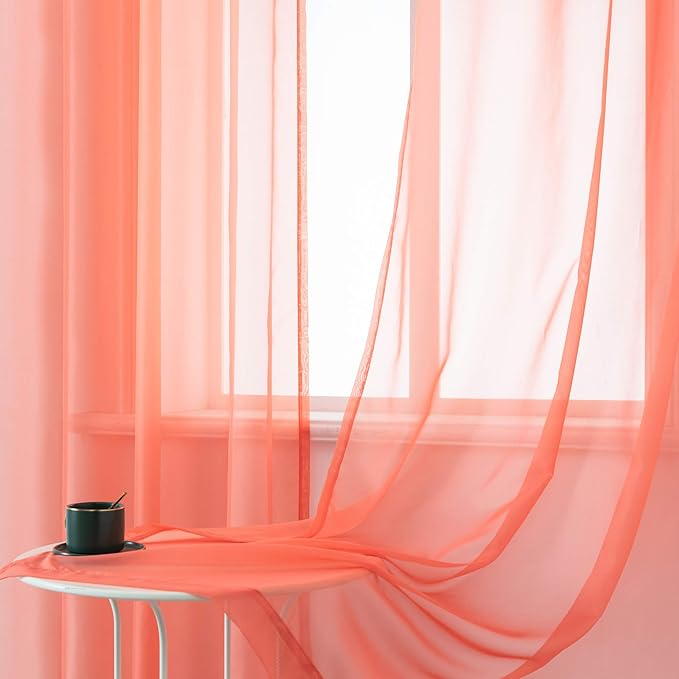 DUALIFE Coral Curtains 108 Inches Extra Length for Living Room Set of 2 Pieces Grommet Look Semi Sheer Transparent Curtains for Bedroom 52x108 Inch Long (Orange Coral)