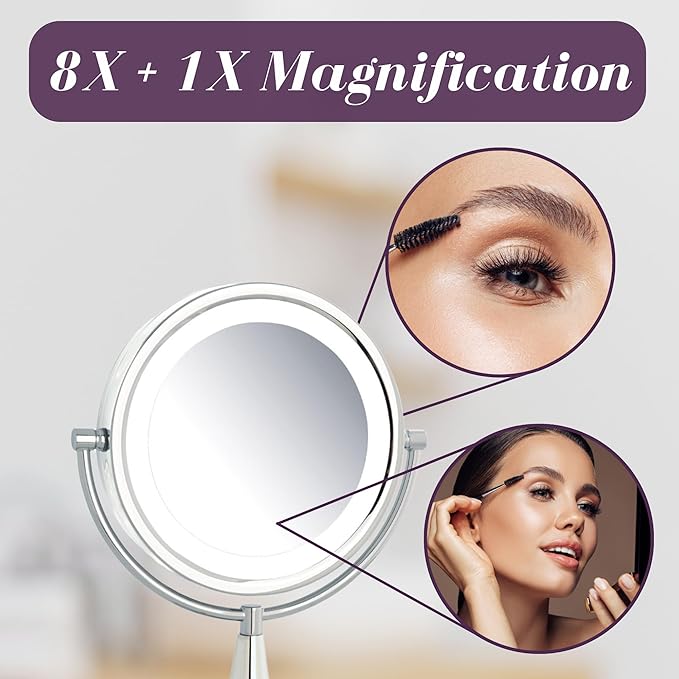 JERDON Magnifying Mirror with LED Lights - Plug-in Makeup Mirror with 1X and 8X Magnification in Chrome Finish - Model HL8510CL