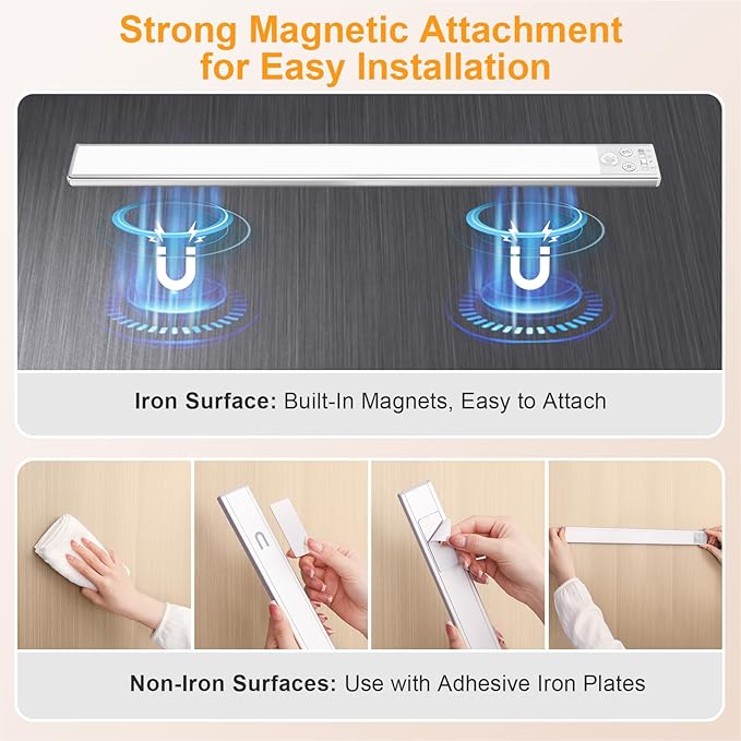 Gritin 14.7inch Under Cabinet Lighting Rechargeable - 128 LED Super Bright, 3-Color&5 Level Brightness, 4 Modes, Motion Sensor, Long Lasting-Easy Installation Magnetic Closet Lights - 2 Pack-Silver