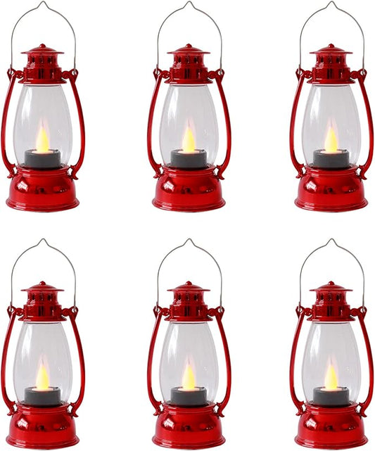 Red Mini Lanterns(12 Pcs-5.1in) with Flickering LED Candle Lights, Vintage Small Western Lanterns for Table Centerpiece, Indoor & Outdoor Christmas Tree Ornaments, Camping Party Decorations