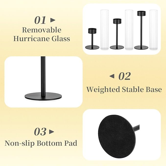 Hewory Black Taper Candle Holders: Candlestick Holders Set of 3 Hurricane Glass Tall Candle Holder for Candlesticks Candle Sticks Holder Decor for Table Centerpiece Wedding Party Christmas Decorations
