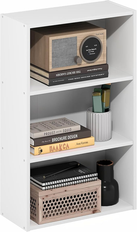 Furinno Basic Book Shelf, 3-Tier Bookshelf, Cube Storage Organizer Bookcase with Open Shelf, 7 x 17 x 26, for Living Room, Bedroom, Home Office, White