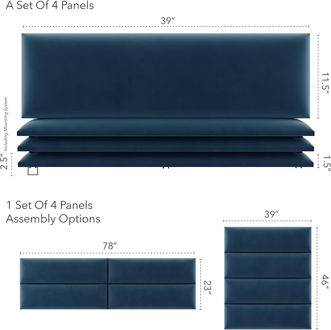 Vänt Upholstered Wall Panels - King/Cal King Size Wall Mounted Velvet Headboards - Velvet Peacock Blue - Twin/King - Set of 4 Panels (Each Individual Panel 39"x11.5")